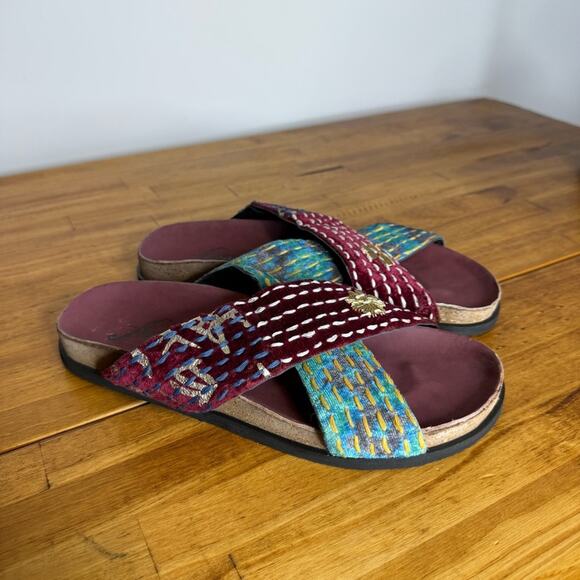 Free People Wildflowers Embroidered Tapestry Cross Band Slip On Slide Sandals 37 - Picture 2 of 5